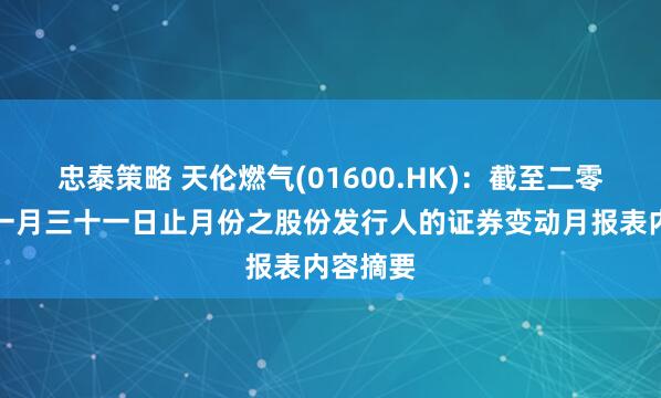 忠泰策略 天伦燃气(01600.HK):截至二零二六年一月三十一日止月份之股份发行人的证券变动月报表内容摘要